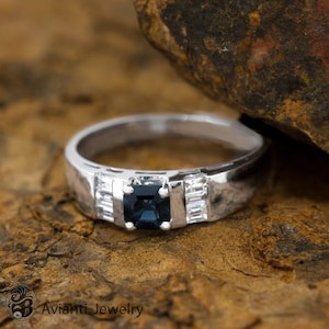 Emerald Cut Sapphire and Diamond Ring, 18K White Gold