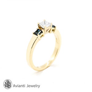 Princess Cut Diamond Engagement Ring: 18K Yellow Gold, Emerald Sapphires