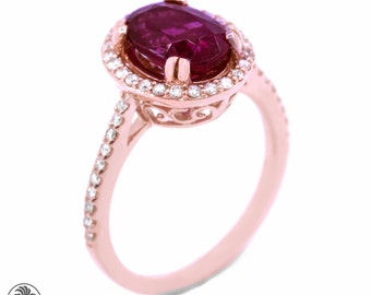 Tourmaline Ring, Red Rubellite Ring Made in Rose Gold, Rose Gold Pink Stone Ring, Rubellite Ring With Diamonds, Oval Pink Stone Ring