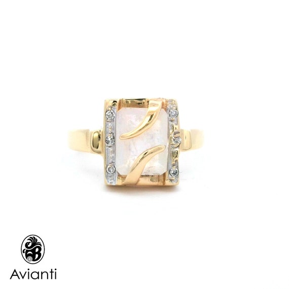 Square Moonstone Ring: Diamond Halo, 18K Yellow G… - image 1