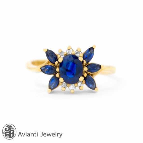 Sapphire Ring, Blue Sapphire Diamond Flower Ring, 