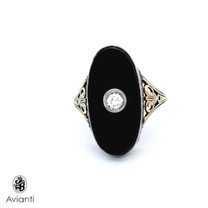 Vintage 14K Gold Onyx Diamond Ring: 1920s Filigree Statement