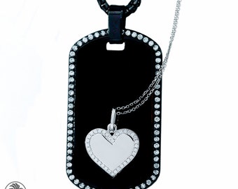 Gold Dog Tag, Black Rhodium,14 Karat Dog Tag With Heart, Black Rhodium Pendant With Diamonds, Father Daughter Dog Tag Pendant