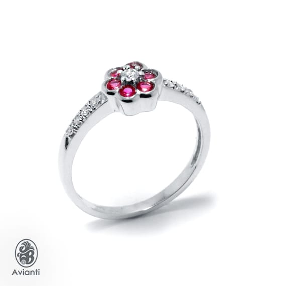 14K White Gold Ruby Flower Ring with Diamond Halo - image 1