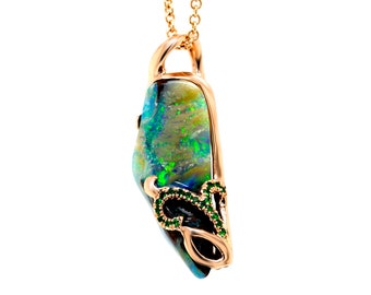 Opal Pendant, Green Boulder Opal Pendant, Pave Tsavorites In Opal Pendant, Australian Abstract Boulder Opal Necklace, Unique Opal pendant