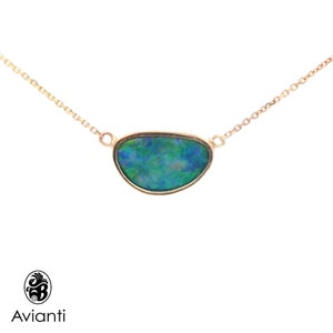 14K Gold Australian Opal Necklace: Green Blue Bezel Pendant