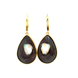 Opal Earrings, Boulder Opal Earrings, 14 Karat Gold Opal Earrings, Opalized Wood Earrings, Australian Opal Dangling Earrings, Petrified Wood