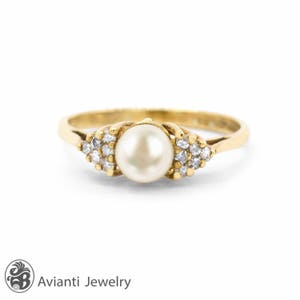 Pearl Ring, Diamond Ring With White Pearl, Vintage Pearl Engagement Ring, Pearl With Side Diamonds Ring, June Birthstone Ring, Vintage pearl image 1
