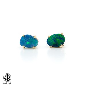 Opal Earrings, 14 Karat Yellow Gold Opal Earrings, October Birthstone, Boulder Opal Stud Earrings,Stud Earrings in Boulder Opals, Blue Opals