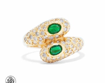 Emerald Ring, Green Stone Ring with Pave Diamonds, 14kt Yellow Gold Ring With Emeralds, Vintage Two oval shaped Emeralds, Vintage Emerald