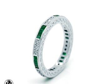 Art Deco Emerald Eternity Band: 14K White Gold Stackable Ring