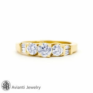 Diamond Ring, Three diamond Engagement Ring, Three Diamonds Ring With Baguettes, Three Year anniversary Ring, 14KYG Engagement Ring