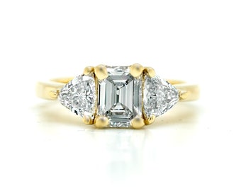 Engagement Ring, Yellow Gold Diamond Ring, Emerald Cut Diamond Engagement Ring, Engagement Ring W/Two Trillions And Filigree, Classic Ring