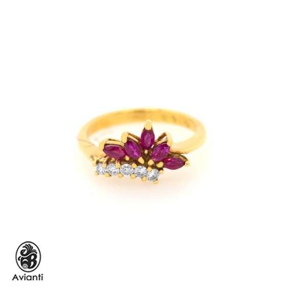 Vintage 18kt Gold Ruby Diamond Ring: Marquise Jul… - image 2