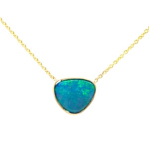 Blue Opal Necklace: 14K Gold Bezel Set, Australian Opal Pendant