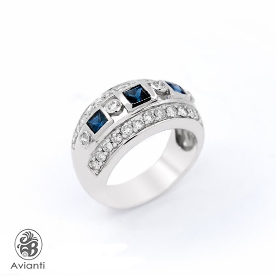 Sapphire Band, Diamond Sapphire Ring, Square Sapp… - image 1