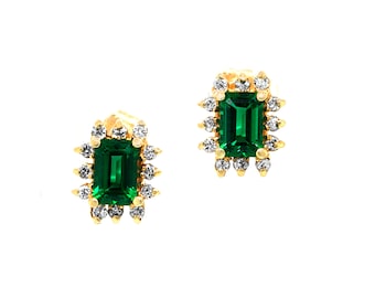 Emerald Earrings, Green Stone Stud Earrings,  Emerald Cut Emeralds With A Diamond Halo, Green Lab Created Emerald Earrings, May Birthstone