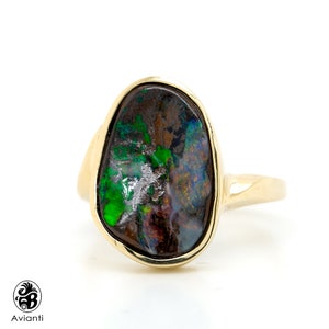 Australian Boulder Opal Ring: Abstract Green Purple 14k Gold