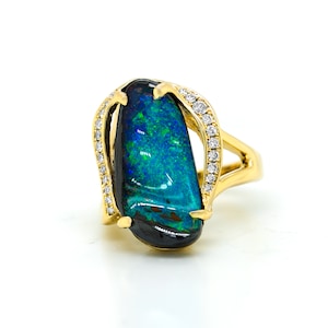 Boulder Opal Ring: 14k Gold Abstract Design with Diamond Accents