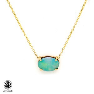 Yellow Gold Opal Necklace: Australian Opal Doublet, October Birthstone