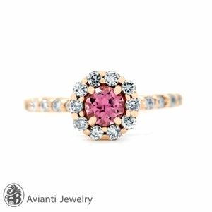 Tourmaline Ring, Wedding Set With Pink Tourmaline, Round Pink Stone Ring, Rose Gold Tourmaline Diamond Ring, Single Halo Tourmaline Ring