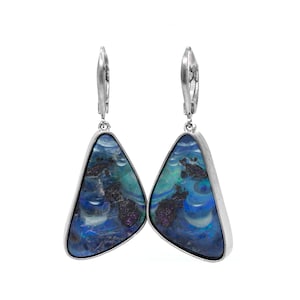 Opal Earrings, Dangling Boulder Opals In White Gold,  White Gold Opal Earrings, Blue-Green White Hues In Boulder Opal Earrings