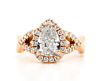 Rose Gold Tear Drop Diamond Engagement Ring, Halo Diamond Band