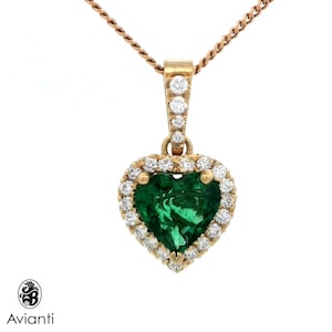 Heart Shaped Emerald Pendant: Diamond Halo, 18K Yellow Gold