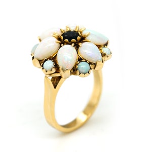 Art Deco Opal Sapphire Ring: 14K Gold Flower Statement Ring