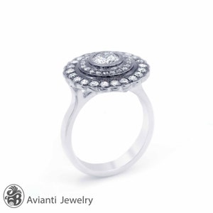Anillo de diamantes, anillo de cóctel con pavé de rodio, anillo de rodio negro, anillo de diamantes redondos, anillo de diamantes con doble halo, anillo de estilo vintage