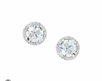 1.45 Carat Diamond Halo Stud Earrings: 14K White Gold