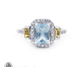 Aquamarine Ring, Mother's Ring With Aquamarine And Citrines, Aquamarine Engagement Ring with Halo of Diamonds and Citrines, Mothers' Ring