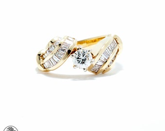 Diamond Ring, Round Diamond Yellow Gold Engagement Ring, Baguette Diamond Ring, Gold Diamond Engagement Ring, Gold Engagement Ring
