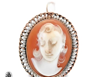 Vintage 14K Gold Cameo Pendant Brooch, Shell Portrait, Rice Pearl Filigree