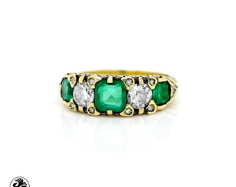 Anillo esmeralda, anillo de oro amarillo con una esmeralda, anillo de compromiso esmeralda de talla esmeralda con diamantes, anillo esmeralda de estilo antiguo con diamantes
