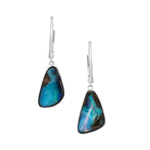 Opal Earrings, Dangling Boulder Opals In White Gold,  White Gold Opal Earrings, Blue-Brown Hues In Boulder Opal Earrings, White Gold Opal