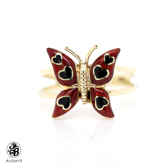 Gold Ring, Butterfly Gold Ring, Enameled Butterfly