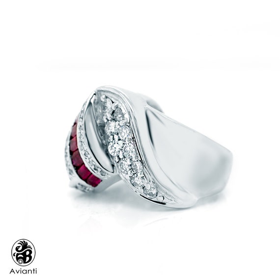 Vintage Ruby and Diamond Cocktail Ring: 14K White… - image 2