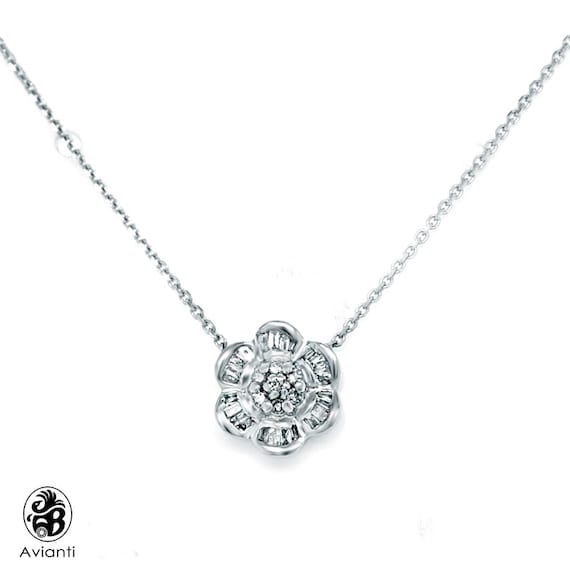 Diamond Pendant, Pendant With baguettes, Flower D… - image 1