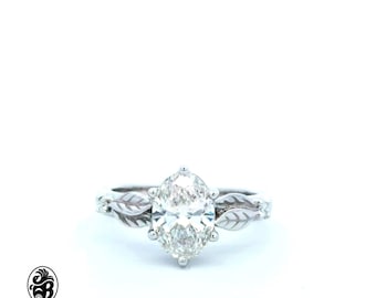 Anillo de compromiso ovalado con diamante cultivado en laboratorio: diseño de hoja de oro blanco de 14 quilates