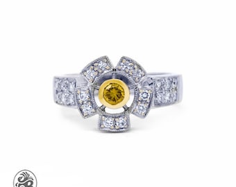 Diamond Ring, Yellow Diamond Ring, Engagement Ring With Yellow Diamond, Fancy Yellow Diamond W/Pave Halo, Canary Diamond Ring