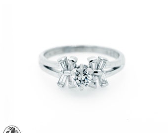 Vintage 'XOX' Diamond Engagement Ring: Round & Baguette Cut, 18kt White Gold