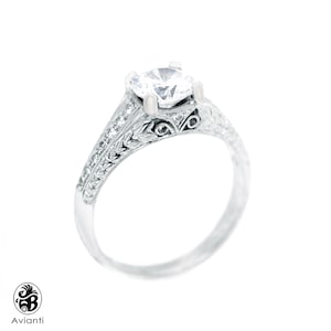 Vintage Art Deco Platinum Engagement Ring: CZ & Diamond Filigree