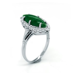 Vintage 14K White Gold Jade Ring: Cabochon Marquise Statement Ring