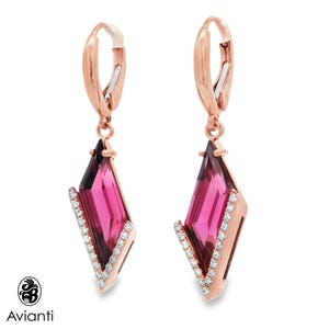 Tourmaline Earrings, Pink Rubellite Tourmaline  Earrings, Dangling Earrings, Gold Earrings, Genuine Diamonds and Oval Rubellite Earrings