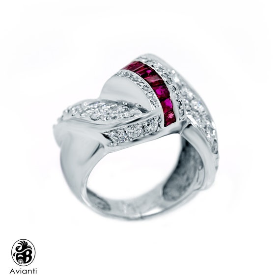 Vintage Ruby and Diamond Cocktail Ring: 14K White… - image 3