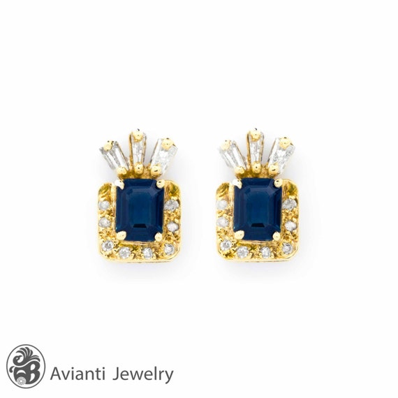 Sapphire Earrings, Sapphire Earrings with Baguett… - image 1