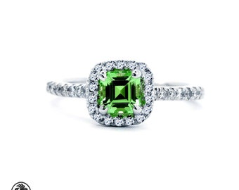 Tsavorite Ring, Diamond And Tsavorite Ring, Green Garnet Ring With Diamonds, Green Tsavorite Ring, Single Halo Diamond Ring, Square Stone