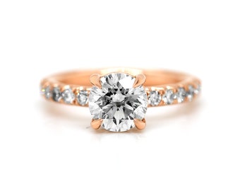 Engagement Ring, Round Cut Diamond Ring, 14 Karat Rose Gold Round Diamond Ring W/Pave Diamonds, Diamond Engagement Ring,