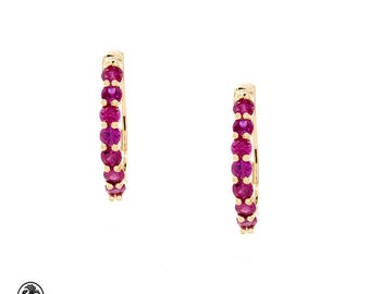 Ruby Earrings, Yellow Gold Earrings, Yellow Gold Ruby Earrings, Lever Back Earrings, Red Ruby Hoop Earrings, July Birthstone Huggies Earring